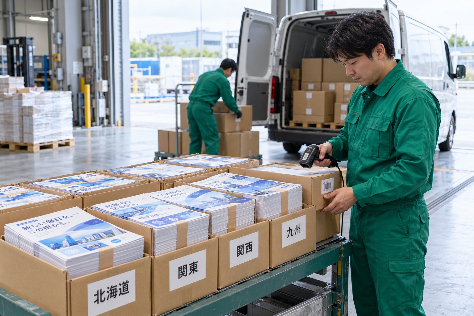 印刷したチラシを地域別に仕分けて出荷している様子